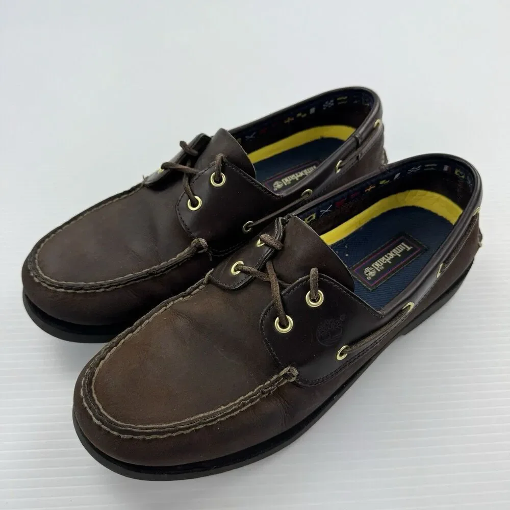 Timberland Men’s Leather Boat Shoes Brown Size 12 M Moc Toe Lace Up